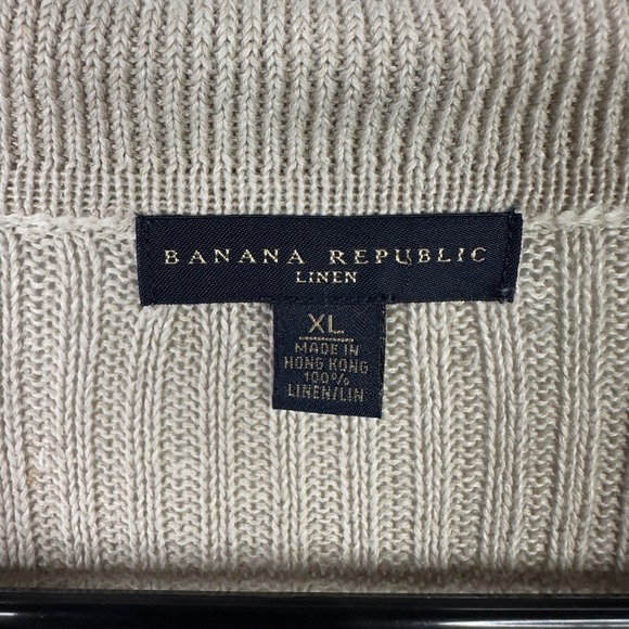 Banana Republic Sweater Mens XL Beige Linen Knit Ribbed Collar Minimalist Preppy - Picture 3 of 6